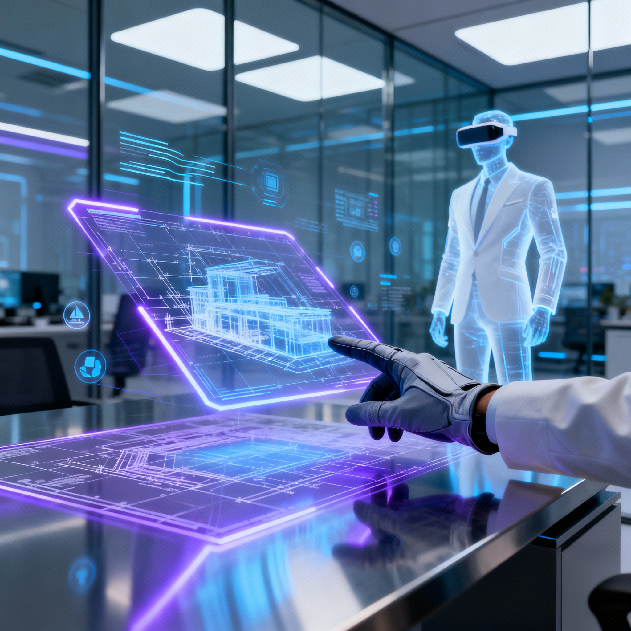 Architect working with holographic 3D blueprints in futuristic space