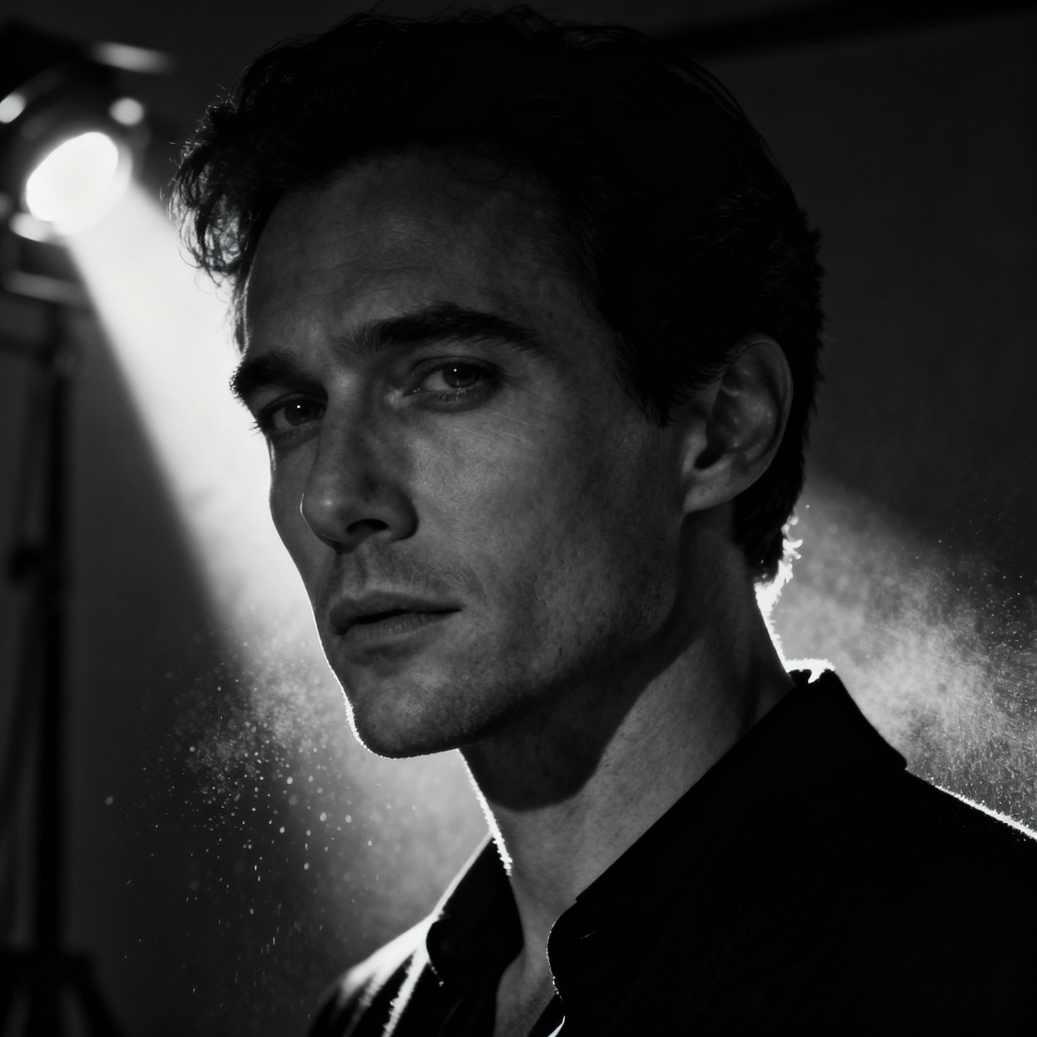 Film noir styled portrait with dramatic side lighting, shadows, and vintage cinematography aesthetic