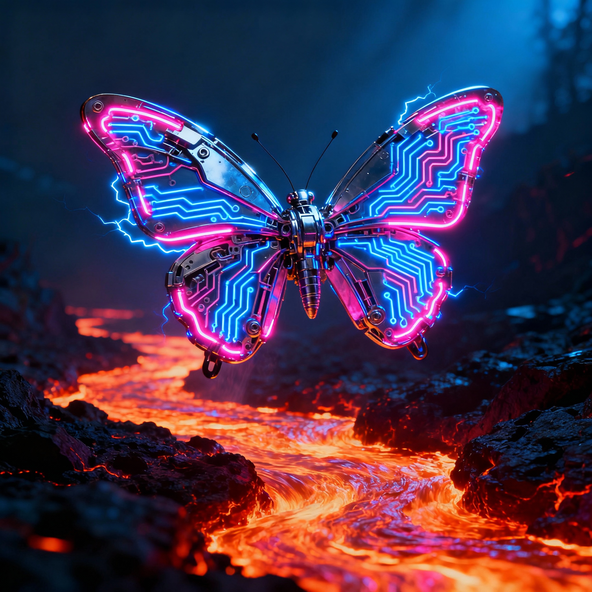 Mechanical butterfly hovering above molten lava with neon lighting