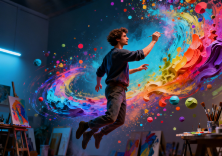 Digital artist creating 3D art with gesture controls in virtual space