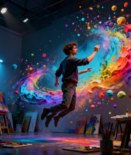 Digital artist creating 3D art with gesture controls in virtual space