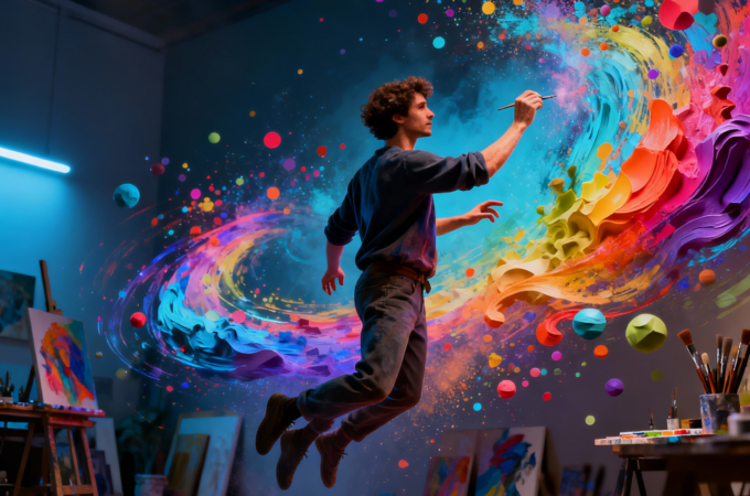 Digital artist creating 3D art with gesture controls in virtual space