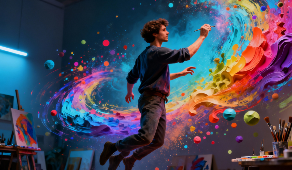 Digital artist creating 3D art with gesture controls in virtual space