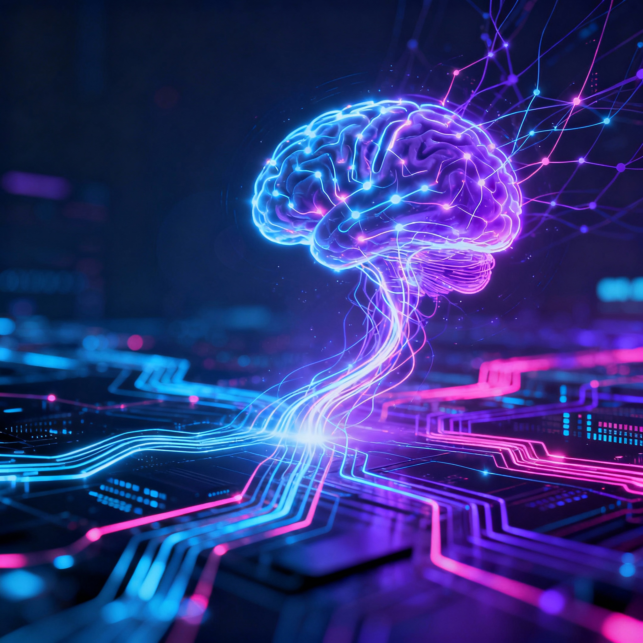 Abstract visualization of AI neural pathways and data streams