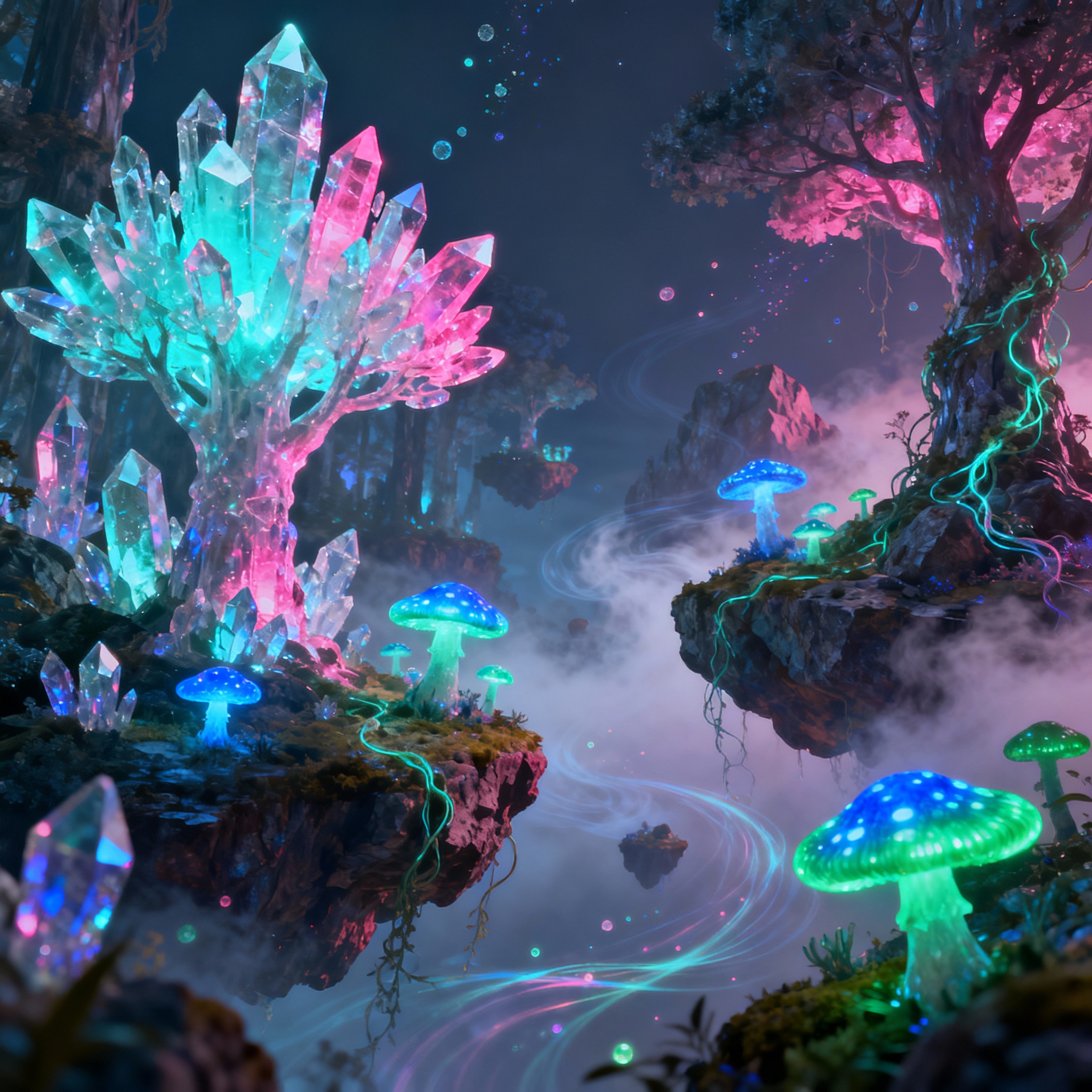 Surreal crystal forest with glowing bioluminescent elements