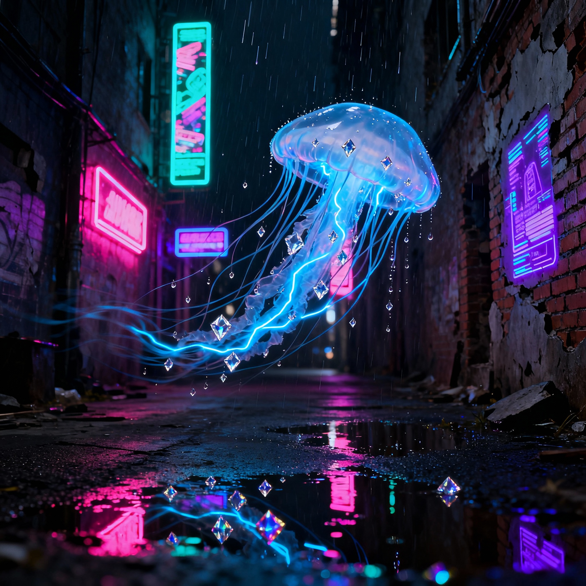 Glowing cybernetic jellyfish in dark urban alley with neon lights